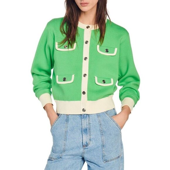 NWT SANDRO Murcie Green Ivory Knit Boxy Crest Button Cardigan Sweater, Size 1/S - Picture 1 of 16